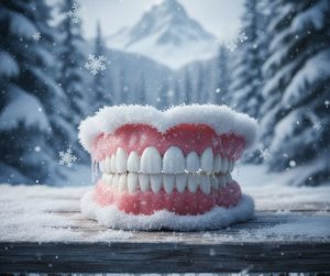AI generated image of dental model covered in snow with snowy mountain and pine trees in background. Featured Image for How to Protect Your Teeth and Gums During Cold Weather